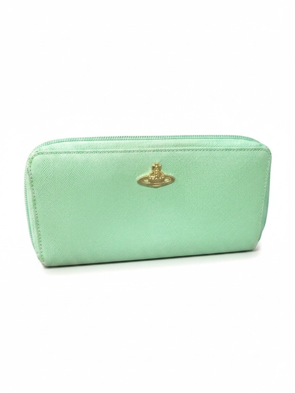 Vivienne Westwood Mint Green Saffiano Leather Zip Around Wallet Gold Orb